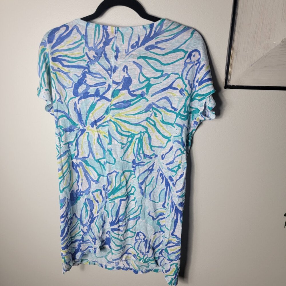 Lilly Pulitzer Duval Linen T Shirt Dress Blue Green Tropical Print Size L Preppy - Picture 9 of 11